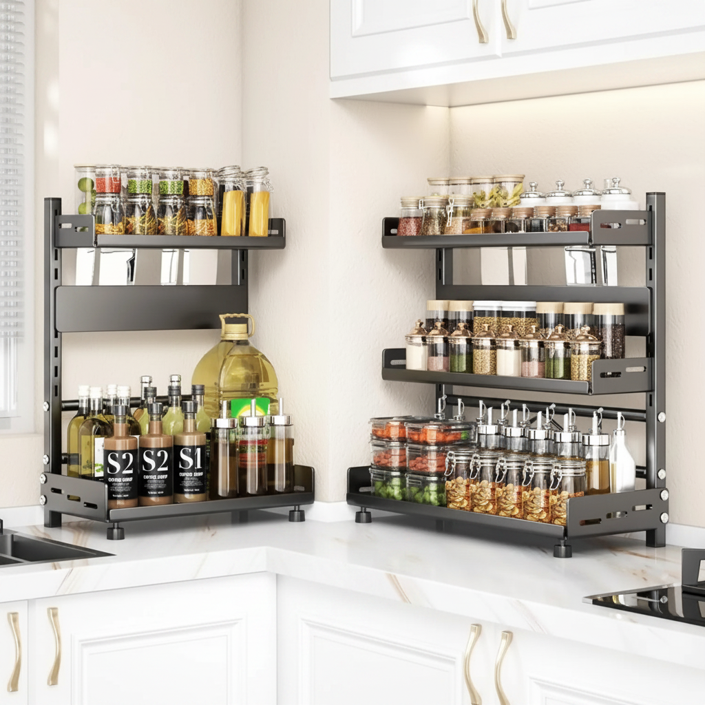 3 Tier Spice Storage Rack for Countertop Adjustable Spice Organization for Cabinet Kitchen Organizer Metal Shelf Black