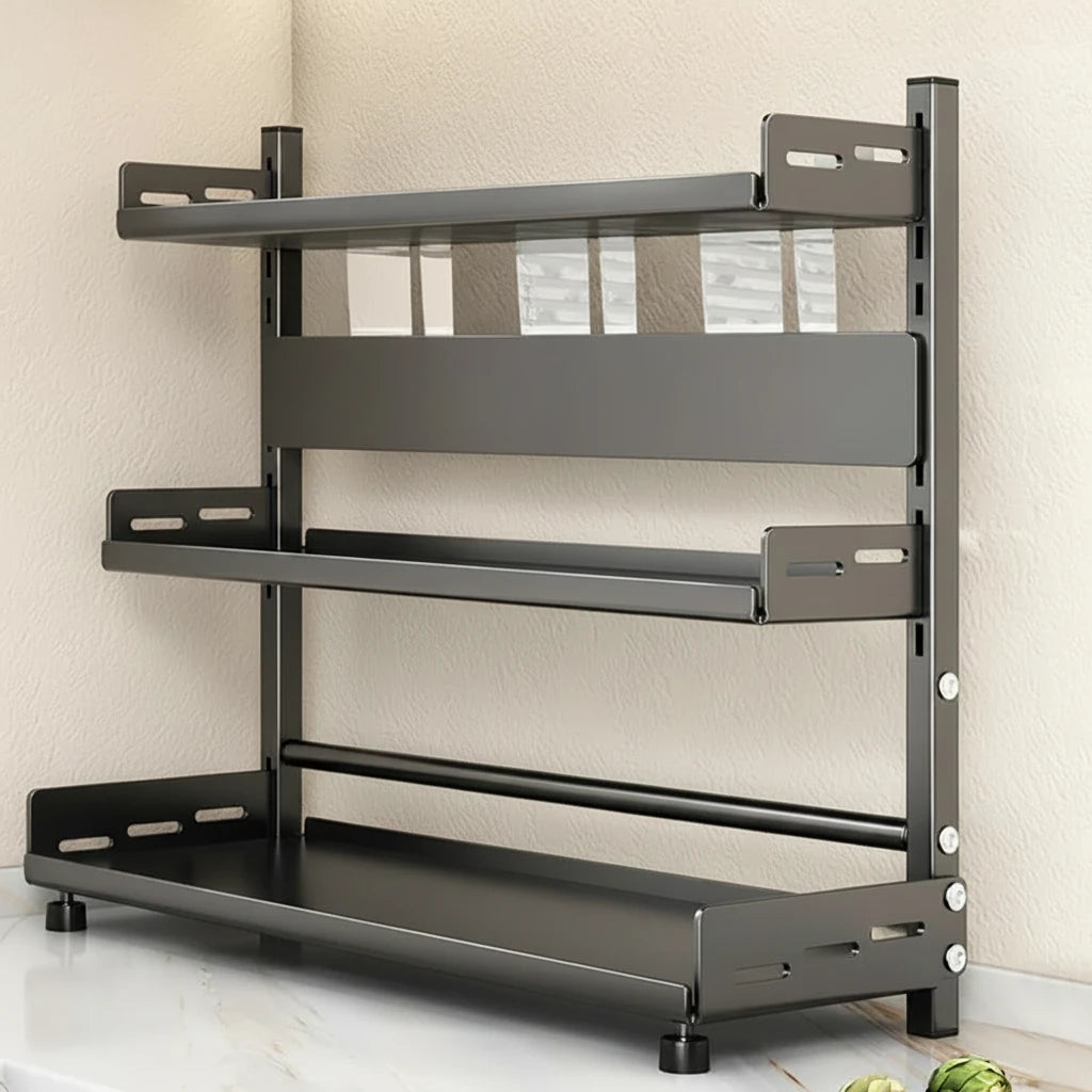 3 Tier Spice Storage Rack for Countertop Adjustable Spice Organization for Cabinet Kitchen Organizer Metal Shelf Black