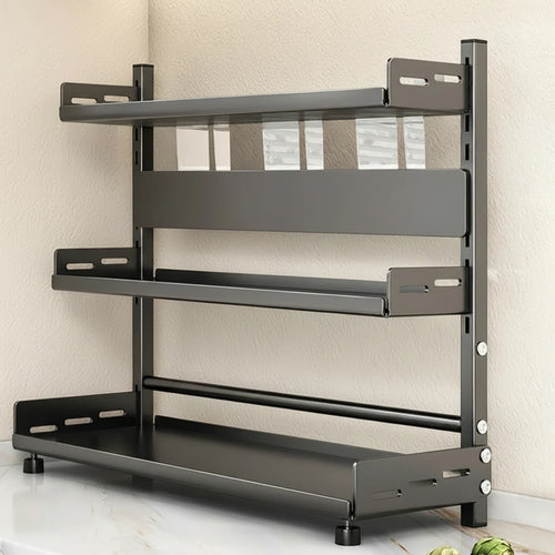 3 Tier Spice Storage Rack for Countertop Adjustable Spice Organization for Cabinet Kitchen Organizer Metal Shelf Black