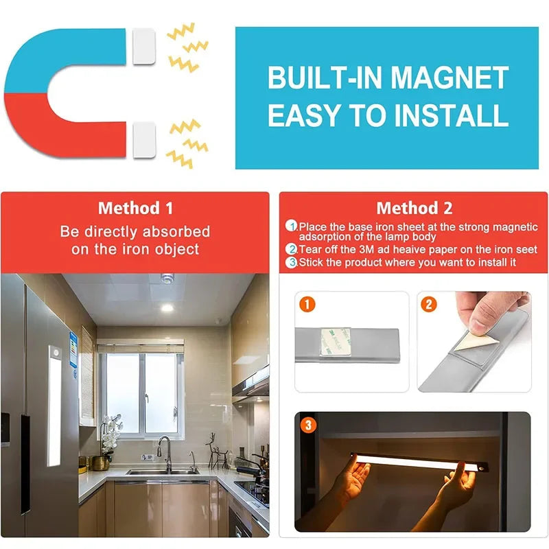 10-60CM Ultra-thin LED Under Cabinet Light Magnetic Rechargeable  Motion Sensor Light Suitable for Kitchens Closets Workshops