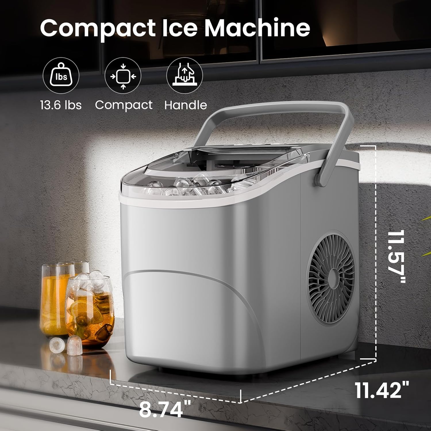 KISMILE Ice Makers Countertop with Handle,26.5Lbs/24H,9 Cubes in 6 Mins,2 Sizes of Bullet Ice,Portable Machine with Self-Cleaning,Perfect for Home Kitchen(Black)