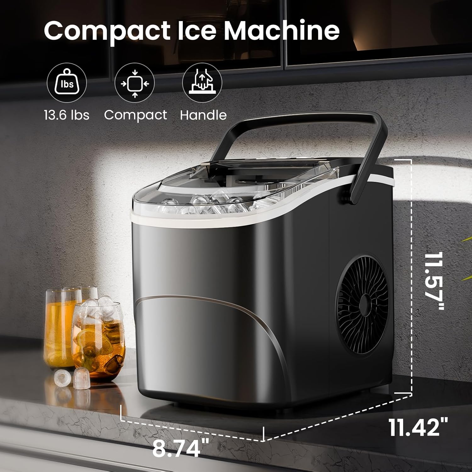 KISMILE Ice Makers Countertop with Handle,26.5Lbs/24H,9 Cubes in 6 Mins,2 Sizes of Bullet Ice,Portable Machine with Self-Cleaning,Perfect for Home Kitchen(Black)